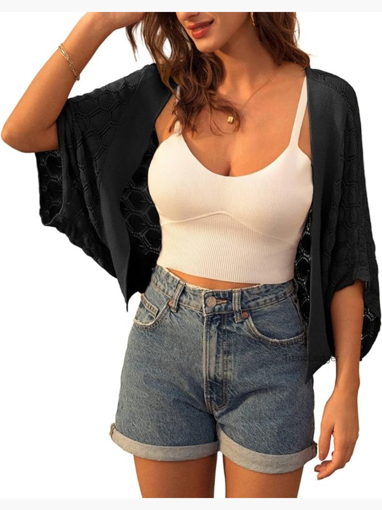Crochet Batwing Sleeve Cropped Cardigan Lightweight Boho Summer Shrug
